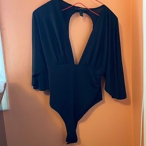 Black Flare Sleeve Open Front and Back Bodysuit